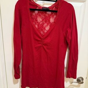 Twisted Tees Red Ruched 3/4 Sleeve Backless Lace Blouse